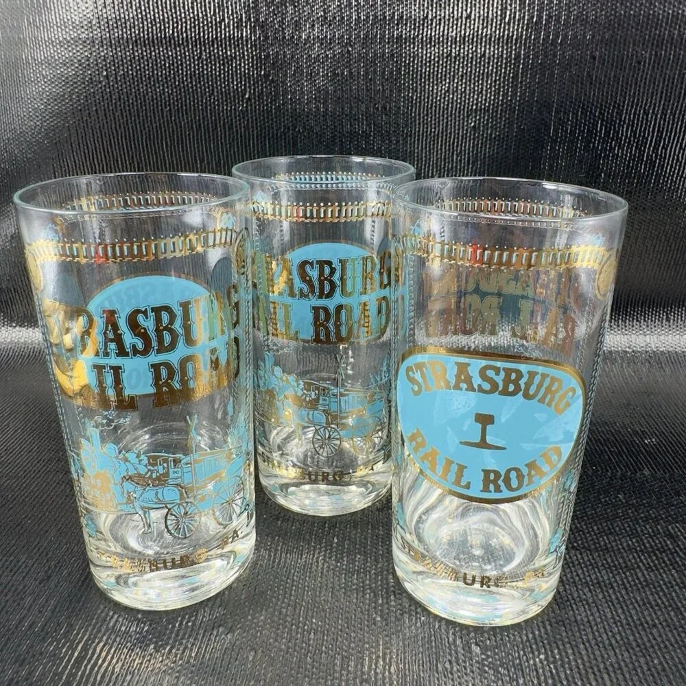 1960s STEAMBURG RAIL ROAD Barware Glasses Cups‎ Highball Tumblers Vintage Set 3